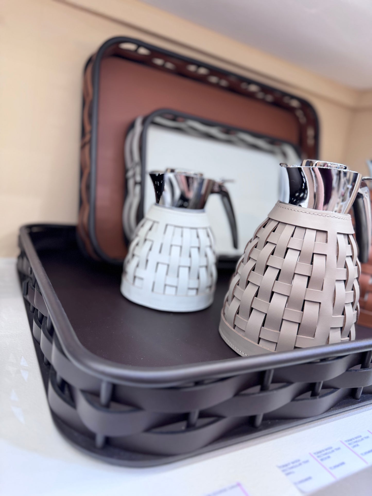 Gourde Regenerated Leather Carafe, Round with Chrome-Plated Finish