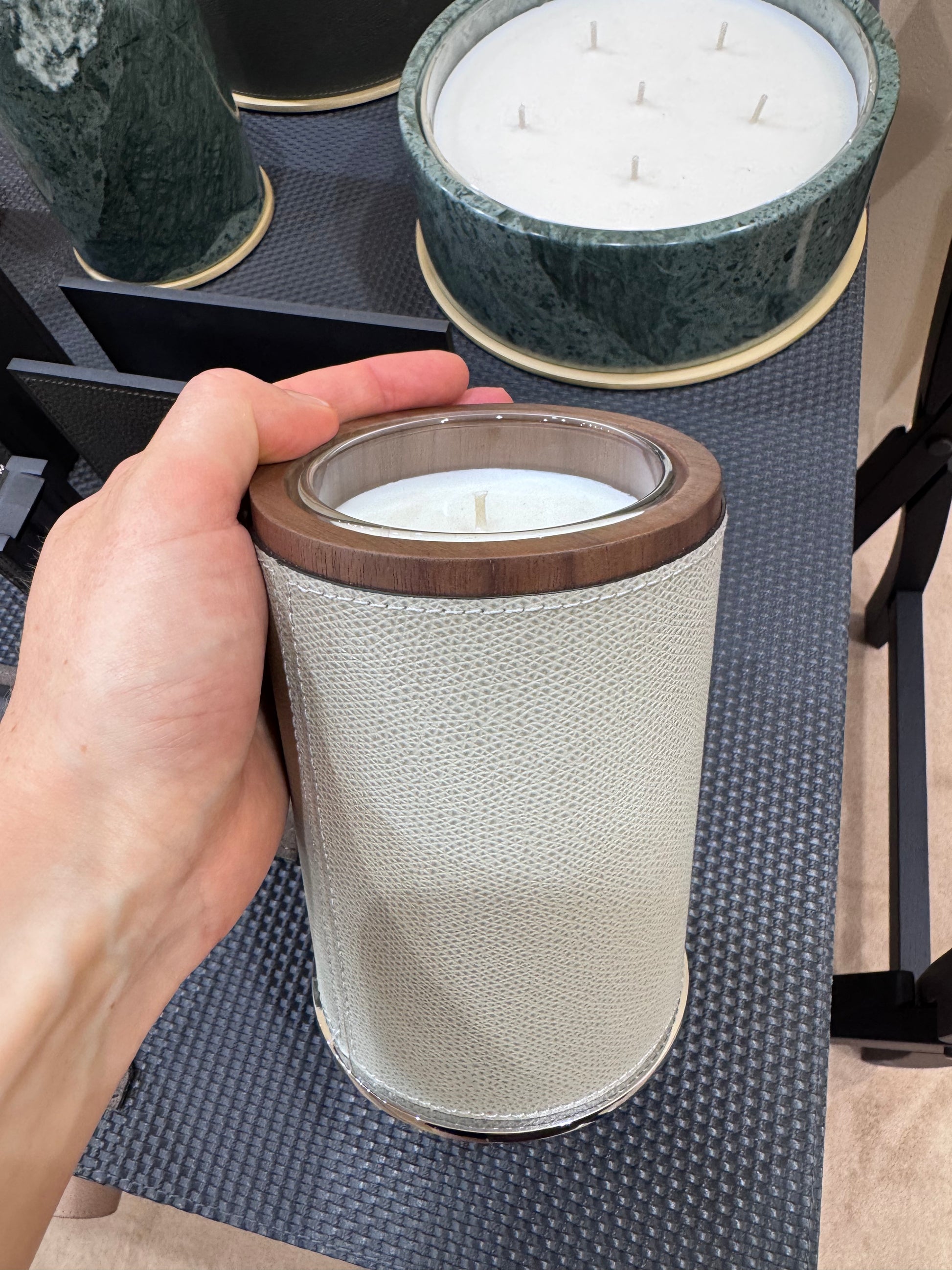 Giobagnara Positano | Candle Holder: Leather with walnut wood trim and metal base, smooth finish, with removable wax candle insert | Decor / Vases & Candle Holders | 2Jour Concierge, your luxury lifestyle shop | luxury interiors, hospitality décor, elegant living, designer home accessories, boutique hotels, refined lifestyle, yacht décor