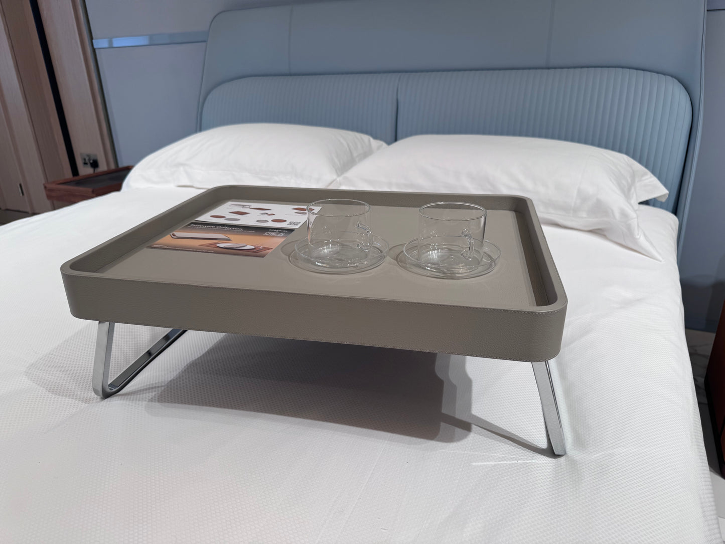 x Poltrona Frau Leather-Covered Wood Bed Tray with Chrome Metal Finishing