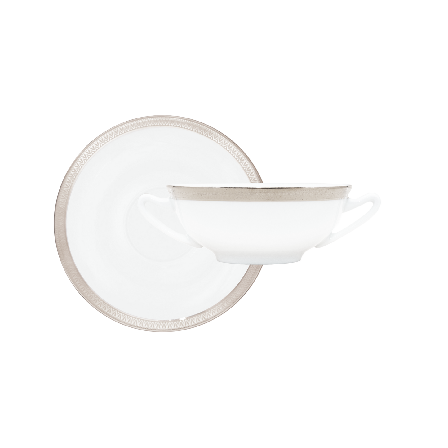 Haviland Parlon Malmaison | Cream Soup Bowl & Saucer: Fine Limoges porcelain with decorative border motif and smooth, glazed finish, ideal for serving consommés or bisques | Tableware & Serveware / Bowls | 2Jour Concierge, your luxury lifestyle shop
