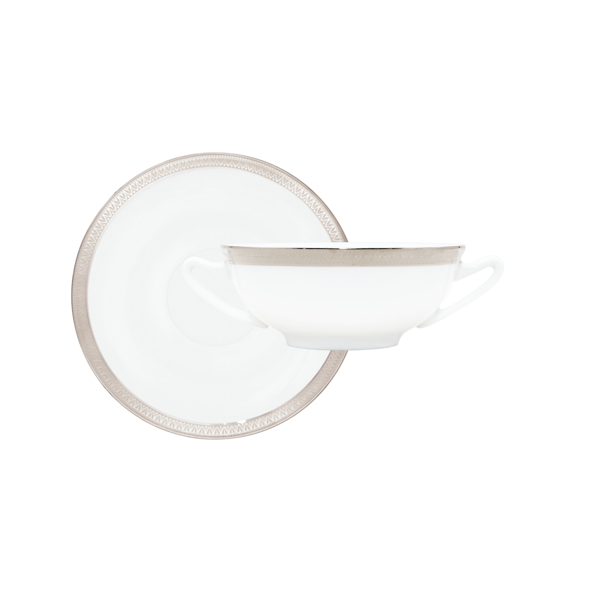 Haviland Parlon Malmaison | Cream Soup Bowl & Saucer: Fine Limoges porcelain with decorative border motif and smooth, glazed finish, ideal for serving consommés or bisques | Tableware & Serveware / Bowls | 2Jour Concierge, your luxury lifestyle shop
