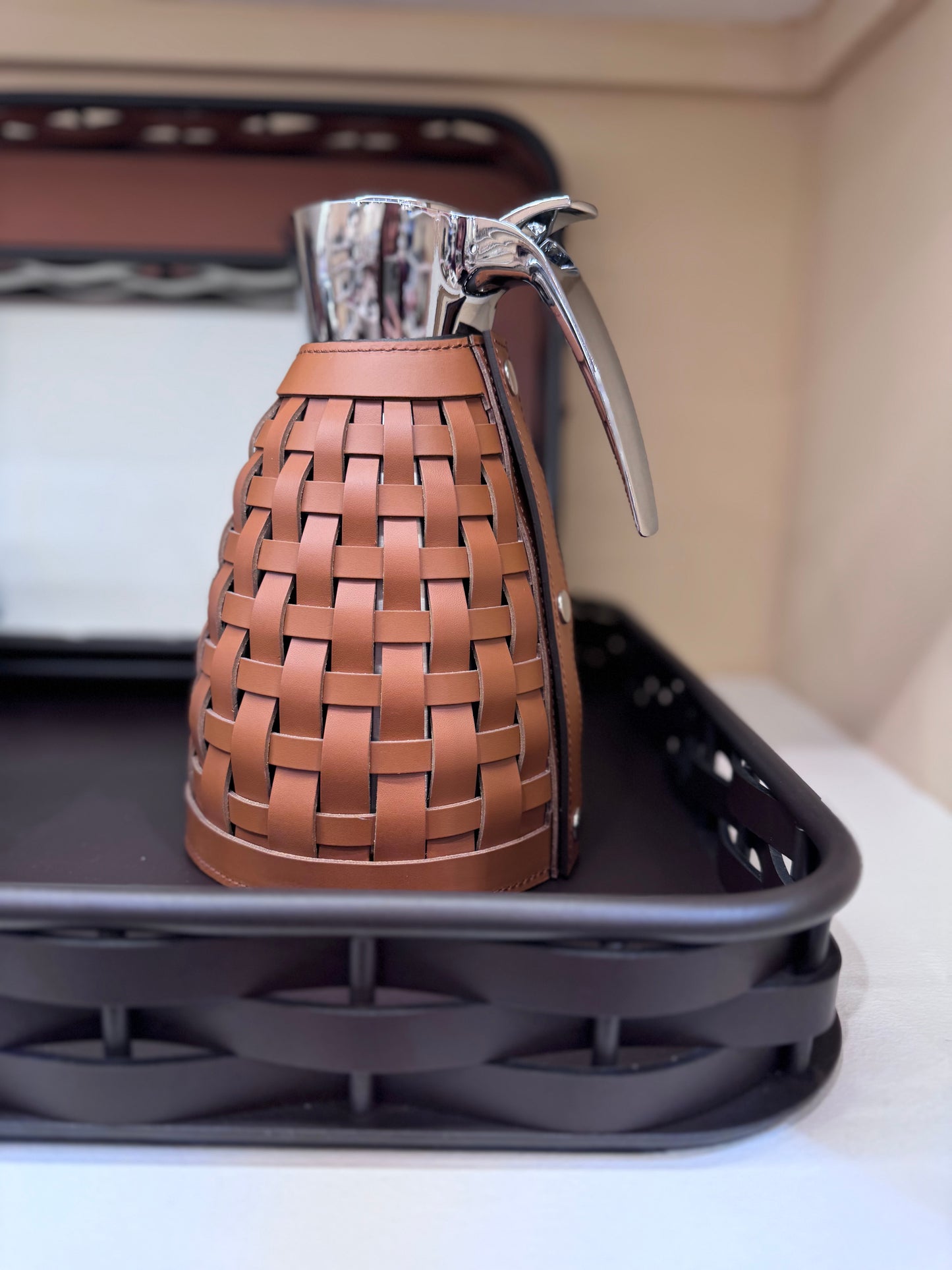 Gourde Regenerated Leather Carafe, Round with Chrome-Plated Finish