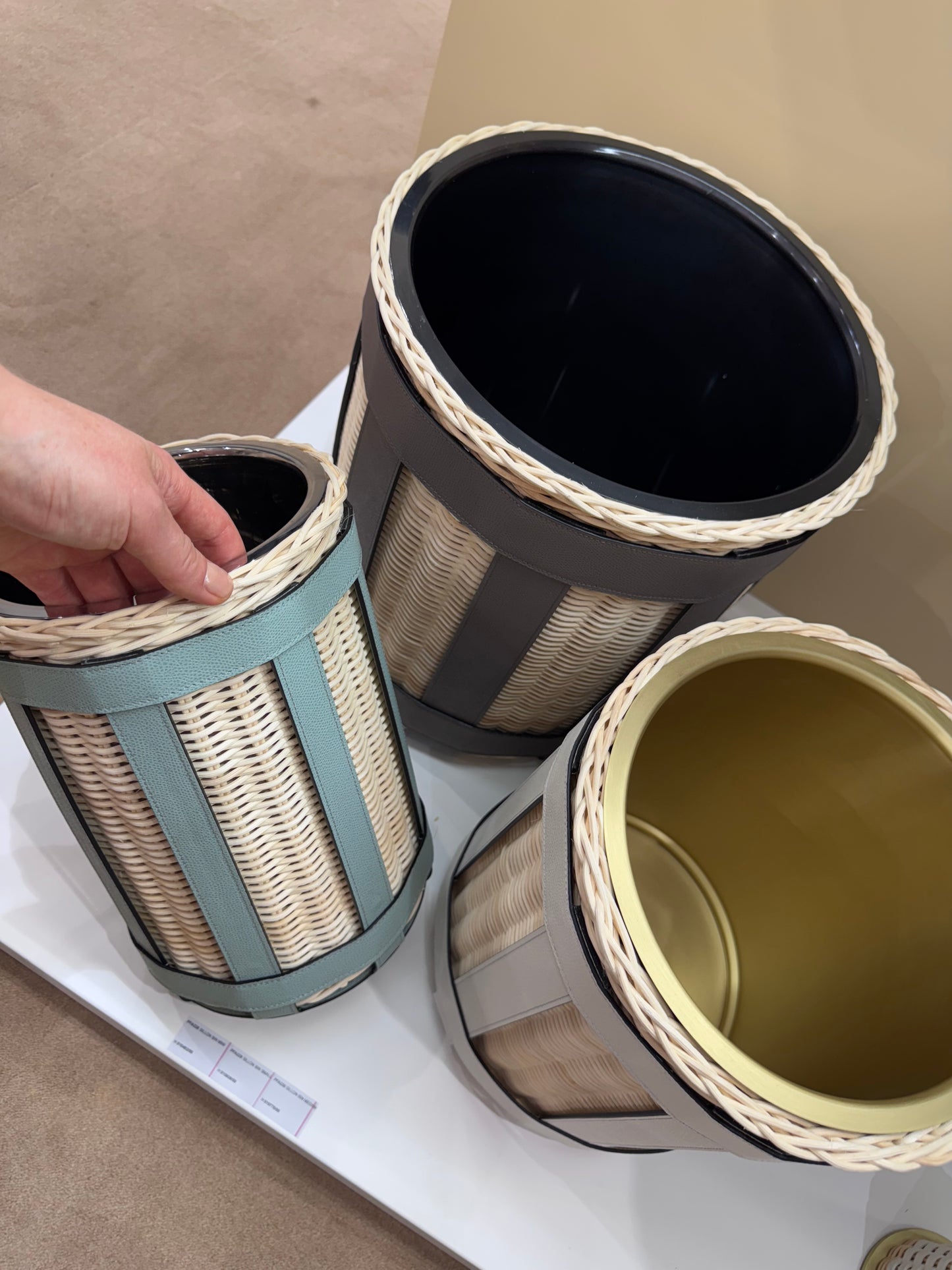 Sillon Bin in Natural Rattan with Leather Trims and Metal Finish