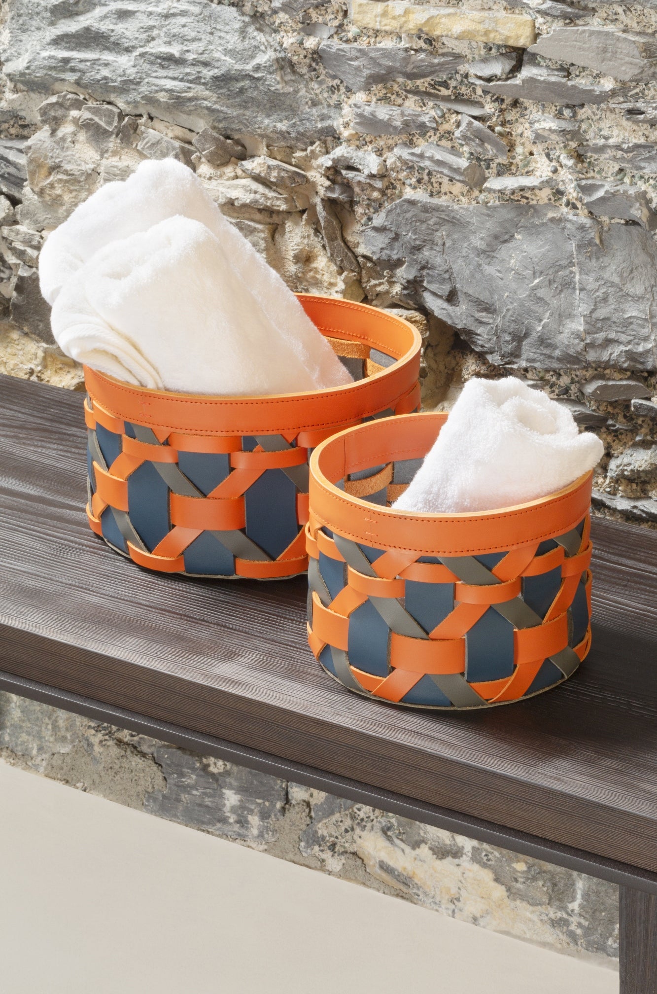 Rabitti 1969 Palù Round Multicolor Saddle Leather Storage Basket | Elegant and Functional Storage Solution | Crafted with High-Quality Saddle Leather | Handles for Convenient Use | Explore a Range of Luxury Home Accessories at 2Jour Concierge, #1 luxury high-end gift & lifestyle shop