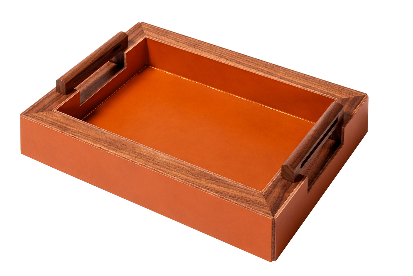 Rabitti 1969 Toiles De Noyer Rectangular Tray | Solid walnut wood tray with saddle leather inserts for understated sophistication | Perfect balance of form and function | Home Decor | 2Jour Concierge, your luxury lifestyle shop