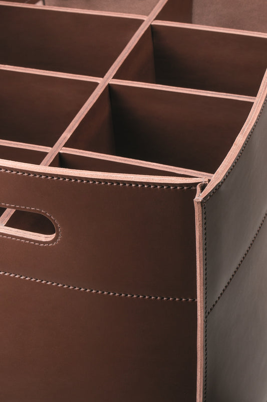 Rabitti 1969 Delta Saddle Leather Storage Basket With Dividers and Handles | Elegant and Functional Storage Solution | Crafted with High-Quality Saddle Leather | Eight Dividers Inside for Enhanced Organization | Ideal for Shoes' Storage | Explore a Range of Luxury Home Accessories at 2Jour Concierge, #1 luxury high-end gift & lifestyle shop
