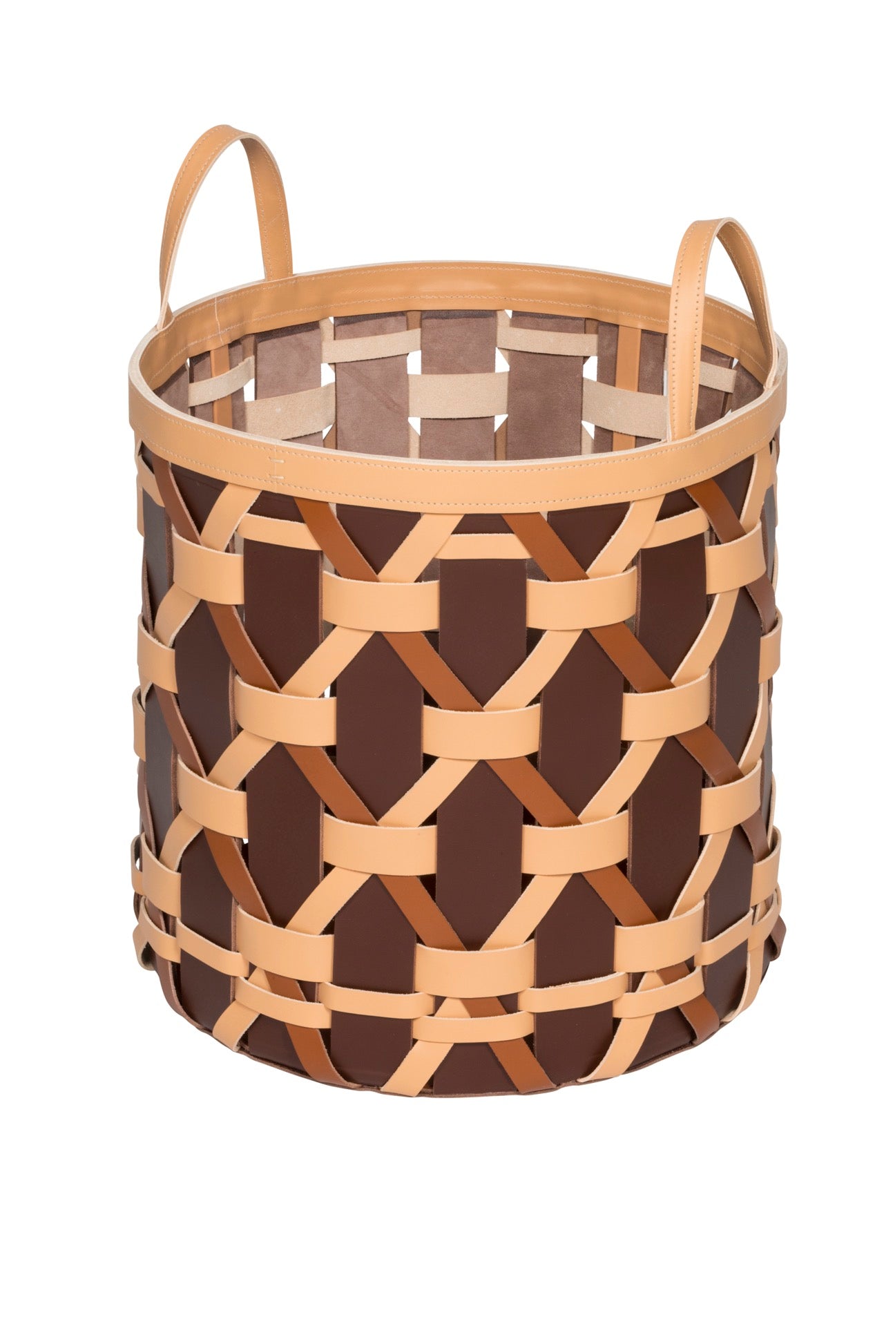 Panier de rangement rond en cuir de selle multicolore Palù, avec poignées