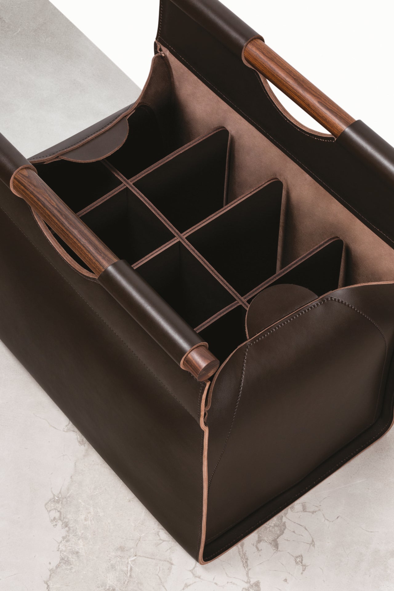 Riviere Jota | Rectangular Basket: Saddle leather with polished handles, offered in two versions — open interior or divided compartments — designed for elegant organisation and display | Storage / Storage Baskets & Boxes | 2Jour Concierge, your luxury lifestyle shop | luxury interiors, hospitality décor, elegant living, designer home accessories, boutique hotels, refined lifestyle, yacht décor, executive interiors