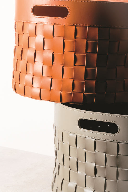 Rabitti 1969 Verona Round Woven Saddle Leather Storage Basket | Elegant and Functional Storage Solution | Crafted with High-Quality Saddle Leather | Handles for Convenient Use | Explore a Range of Luxury Home Accessories at 2Jour Concierge, #1 luxury high-end gift & lifestyle shop