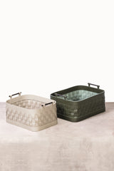 Ravenna Rectangular Braided Leather Storage Basket with Brushed Bronze Handles