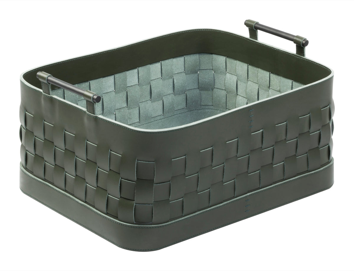Ravenna Braided Saddle Leather Storage Basket, Rectangular with Brushed Bronze Handles