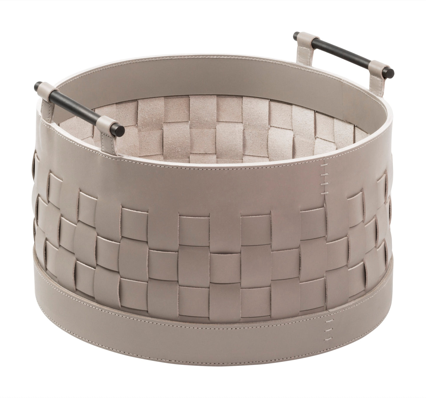 Ravenna Aufbewahrungskorb aus geflochtenem Leder, rund, niedrig, mit Griffen aus gebürsteter Bronze