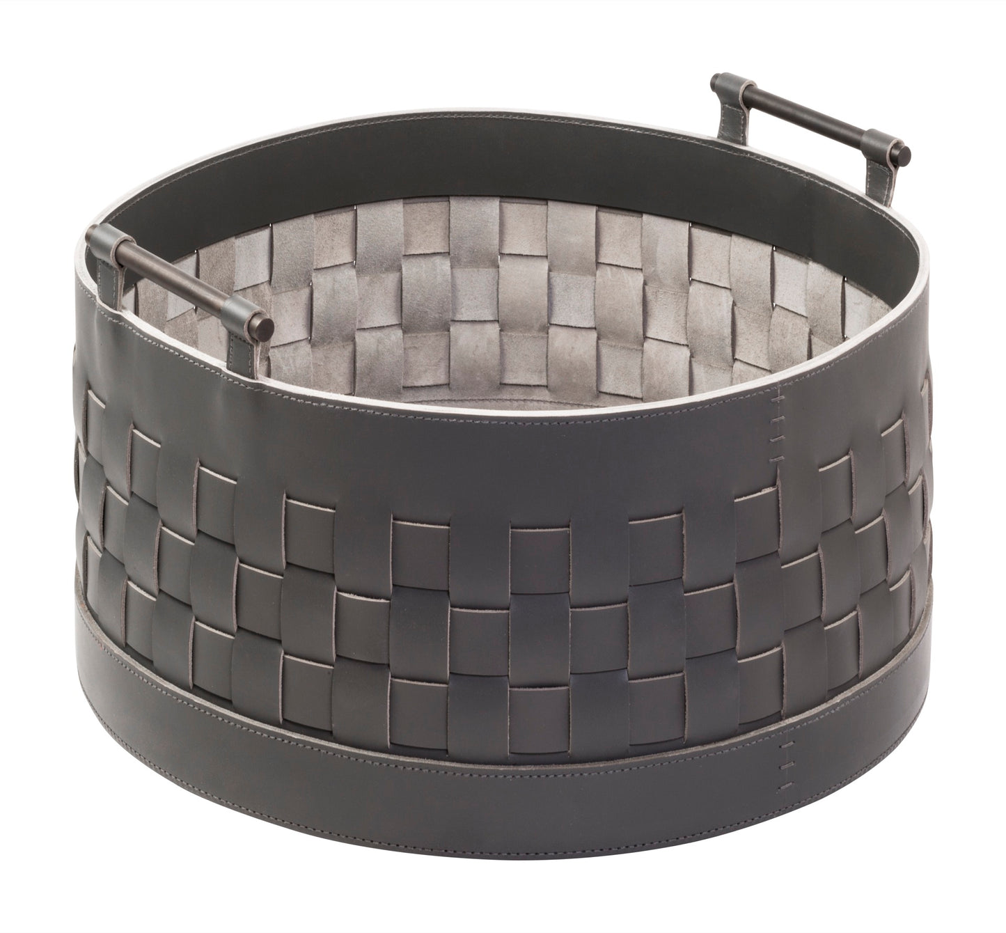 Ravenna Aufbewahrungskorb aus geflochtenem Leder, rund, niedrig, mit Griffen aus gebürsteter Bronze
