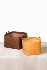 Ravenna Square Braided Leather Storage Basket with Brushed Bronze Handles
