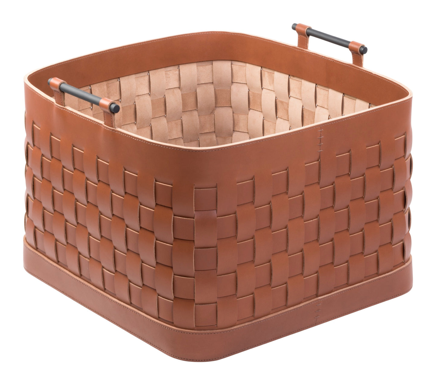Ravenna Braided Leather Storage Basket, Square Tall with Brushed Bronze Handles