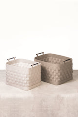 Ravenna Braided Leather Storage Basket, Rectangular Tall with Brushed Bronze Handles