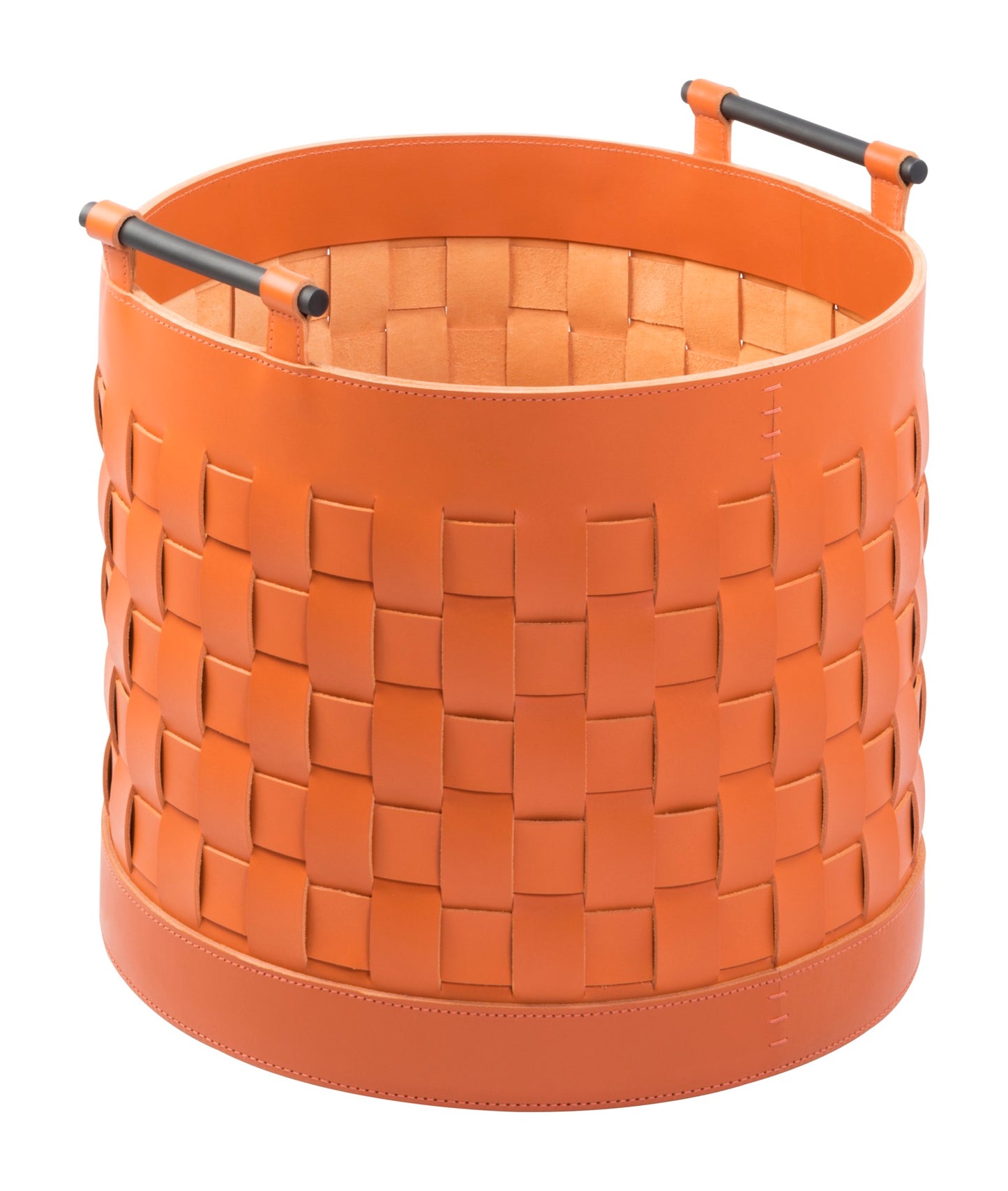 Ravenna Braided Leather Storage Basket, Round Tall with Brushed Bronze Handles