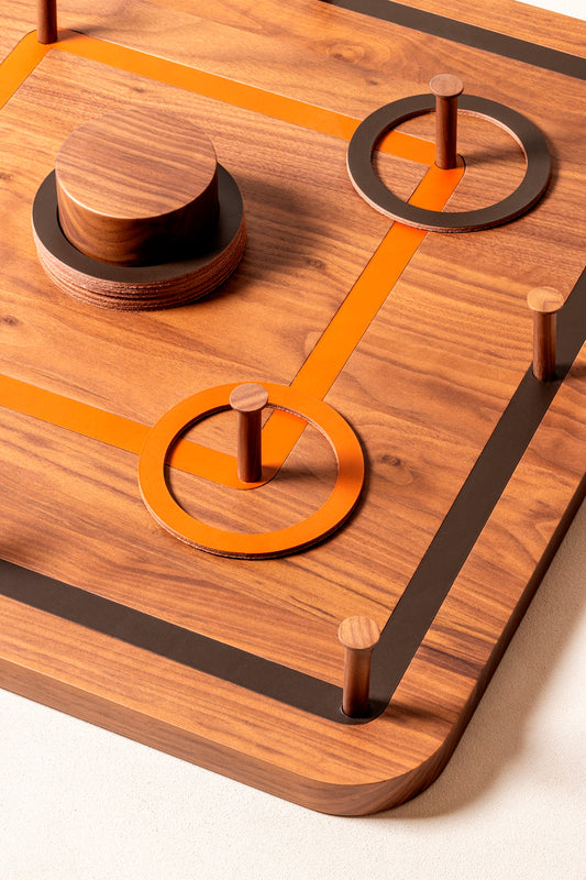 Rabitti 1969 Ring Toss Game Set | Walnut wood and saddle leather game set blending craftsmanship with playful sophistication | Hangable or floor-usable for versatile style | Home Decor | 2Jour Concierge, your luxury lifestyle shop