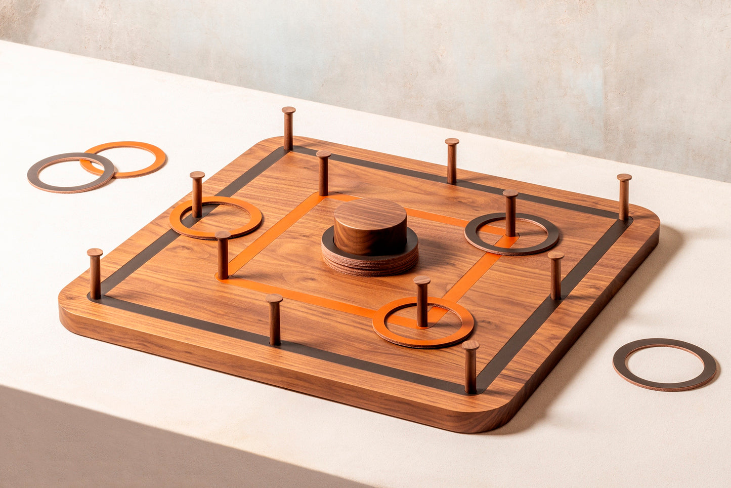 Rabitti 1969 Ring Toss Game Set | Walnut wood and saddle leather game set blending craftsmanship with playful sophistication | Hangable or floor-usable for versatile style | Home Decor | 2Jour Concierge, your luxury lifestyle shop