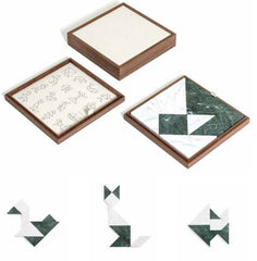 Tangram Game Set in Leather-Covered Walnut Wood Box with Marble Pieces