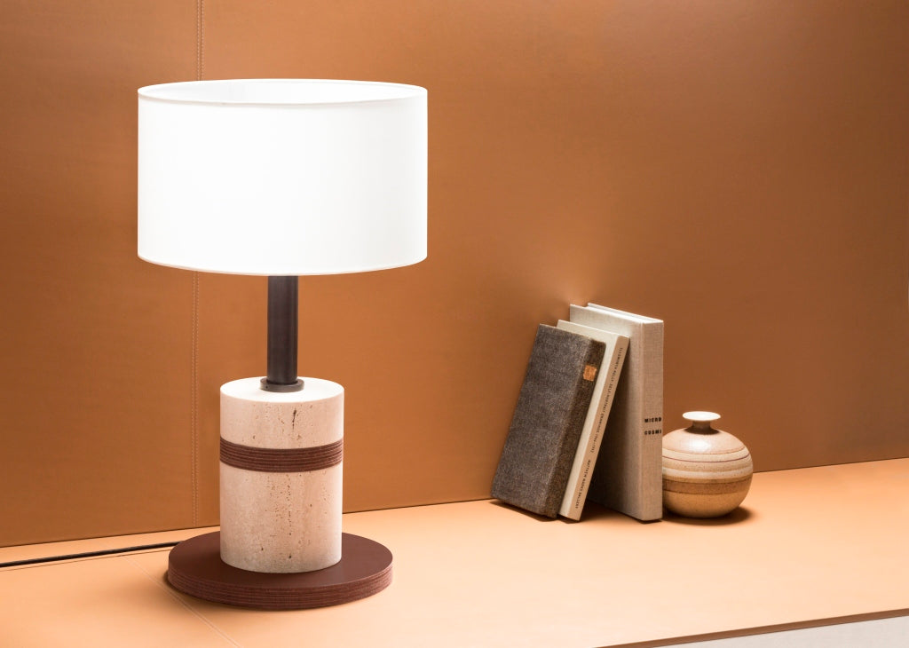 Luxor Table Lamp by Rabitti 1969 | Dark-Stained Metal Structure with Saddle Leather and Stone Discs | Fine Linen Lampshade | Designed by Simone Fanciullacci | Explore a Range of Luxury Lighting Options at 2Jour Concierge, #1 luxury high-end gift & lifestyle shop