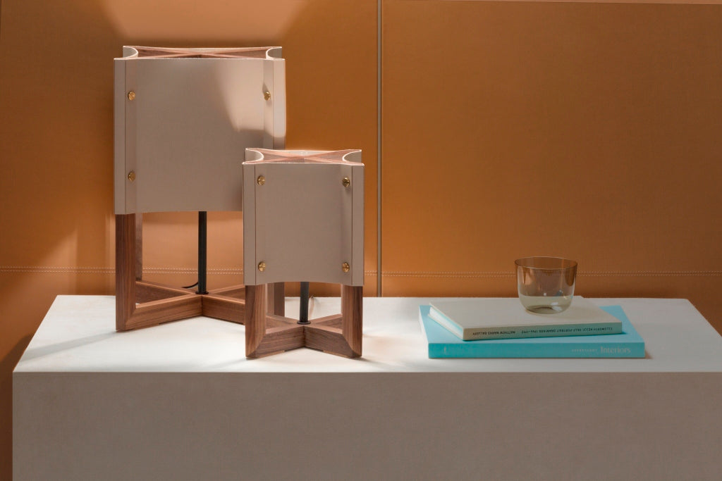 Aliante Table Lamp by Rabitti 1969 | Wood Structure with Saddle Leather Lampshade | Designed by Simone Fanciullacci | Explore a Range of Luxury Lighting Options at 2Jour Concierge, #1 luxury high-end gift & lifestyle shop