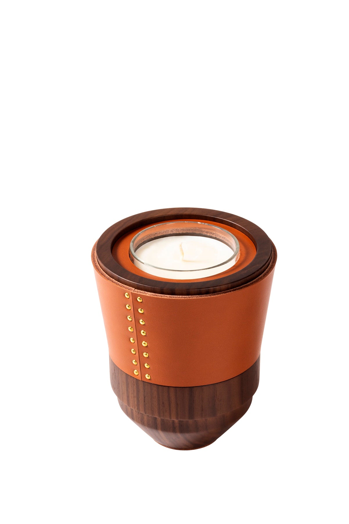 Rabitti 1969 Toiles De Noyer Candle Holders | Crafted from rich walnut wood with fine saddle leather inserts and golden tack details | Available in three sizes for versatile decor | Home Decor | 2Jour Concierge, your luxury lifestyle shop