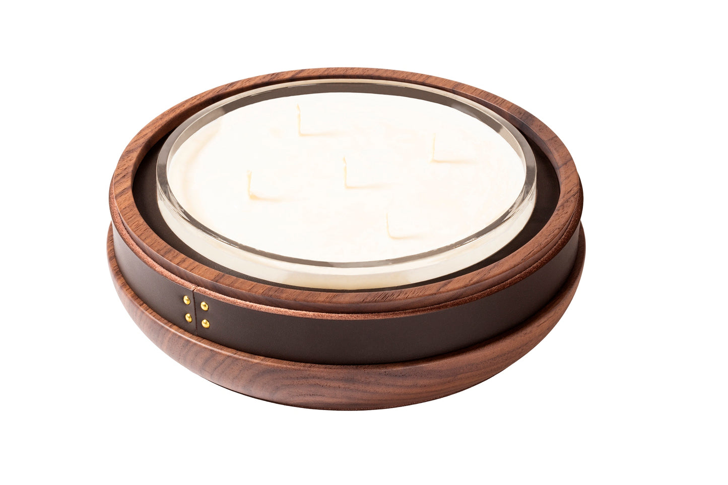 Rabitti 1969 Toiles De Noyer Candle Holders | Crafted from rich walnut wood with fine saddle leather inserts and golden tack details | Available in three sizes for versatile decor | Home Decor | 2Jour Concierge, your luxury lifestyle shop