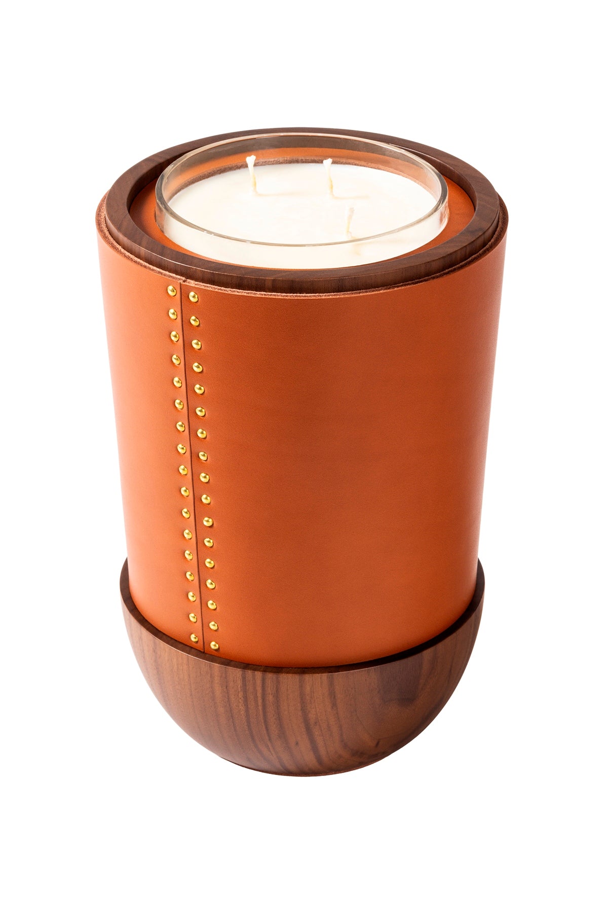 Rabitti 1969 Toiles De Noyer Candle Holders | Crafted from rich walnut wood with fine saddle leather inserts and golden tack details | Available in three sizes for versatile decor | Home Decor | 2Jour Concierge, your luxury lifestyle shop
