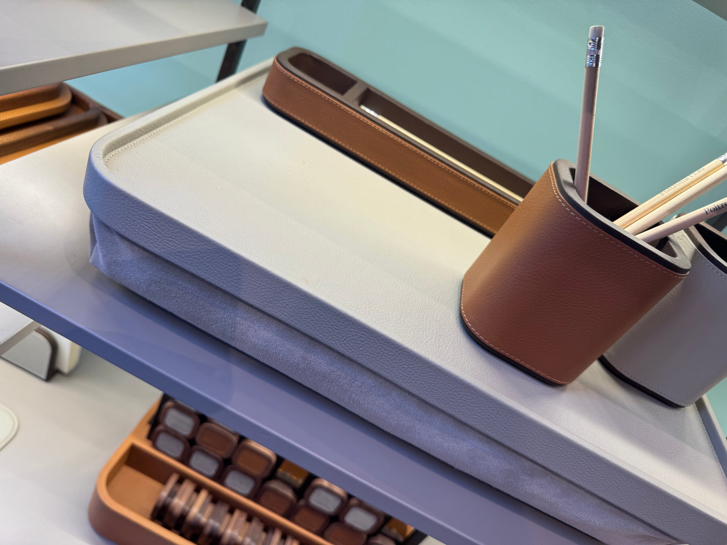 x Poltrona Frau Leather-Covered Wood Laptop Tray with Suede Padding