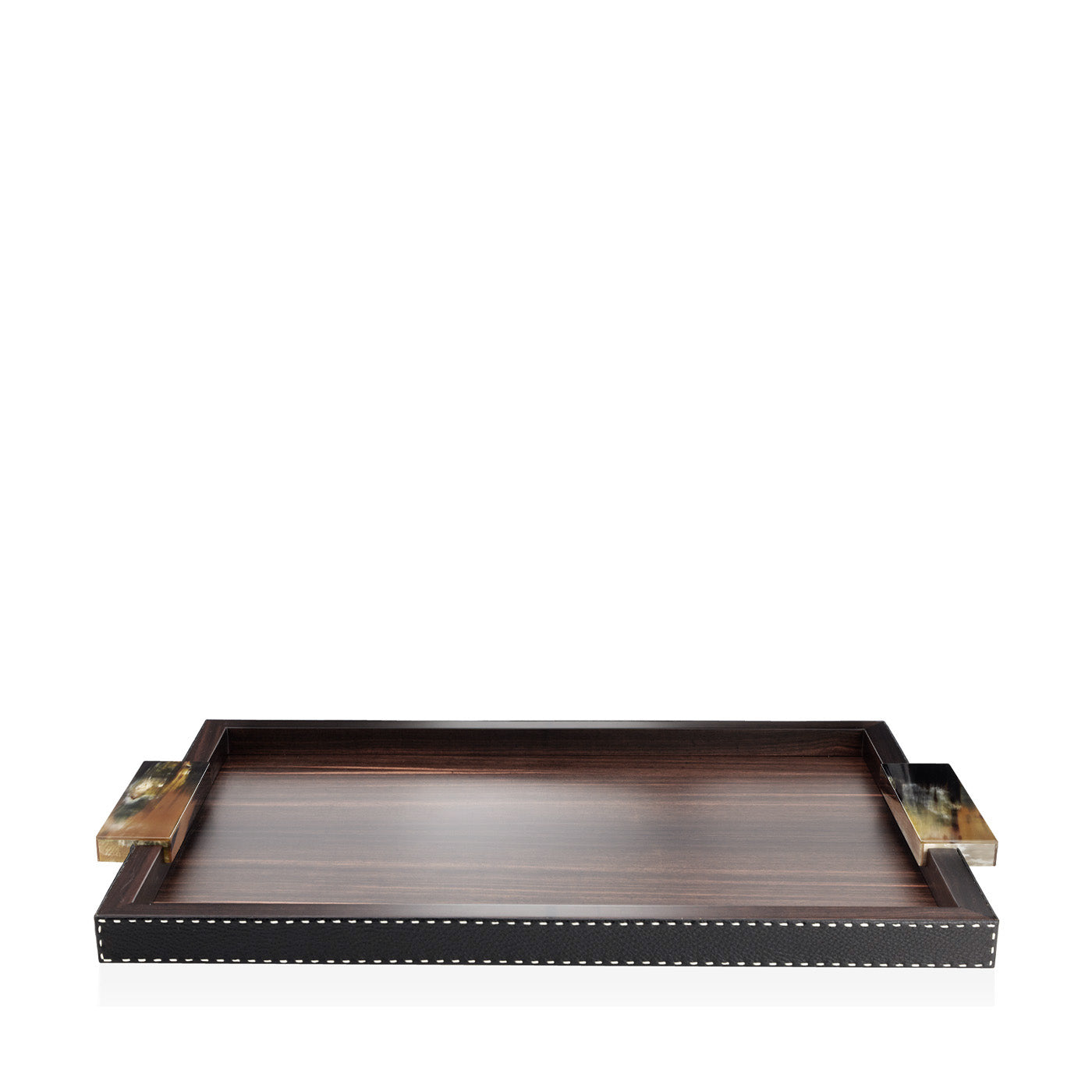 Arcahorn Gioele Tray | Matte Amara Ebony Veneer | Aida Pebbled Leather in Onyx with Handmade Ivory Stitching | Glossy Horn Handles | Perfect for Yacht or Office Decor | Discover Luxury Home Accessories at 2Jour Concierge, #1 luxury high-end gift & lifestyle shop