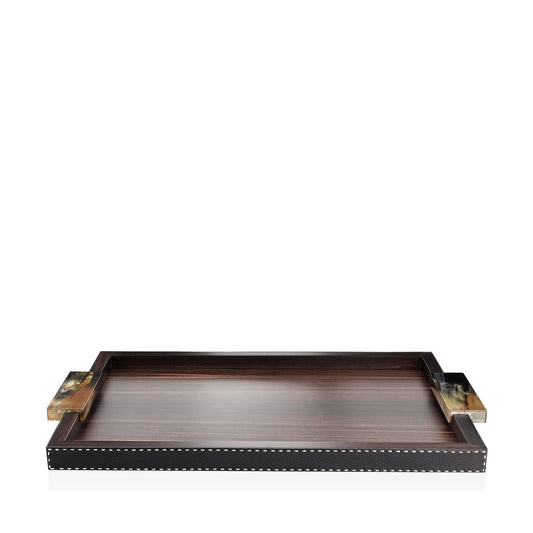 Arcahorn Gioele Tray | Matte Amara Ebony Veneer | Aida Pebbled Leather in Onyx with Handmade Ivory Stitching | Glossy Horn Handles | Perfect for Yacht or Office Decor | Discover Luxury Home Accessories at 2Jour Concierge, #1 luxury high-end gift & lifestyle shop
