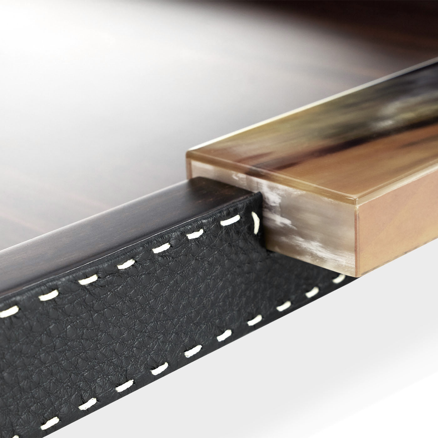 Arcahorn Gioele Tray | Matte Amara Ebony Veneer | Aida Pebbled Leather in Onyx with Handmade Ivory Stitching | Glossy Horn Handles | Perfect for Yacht or Office Decor | Discover Luxury Home Accessories at 2Jour Concierge, #1 luxury high-end gift & lifestyle shop