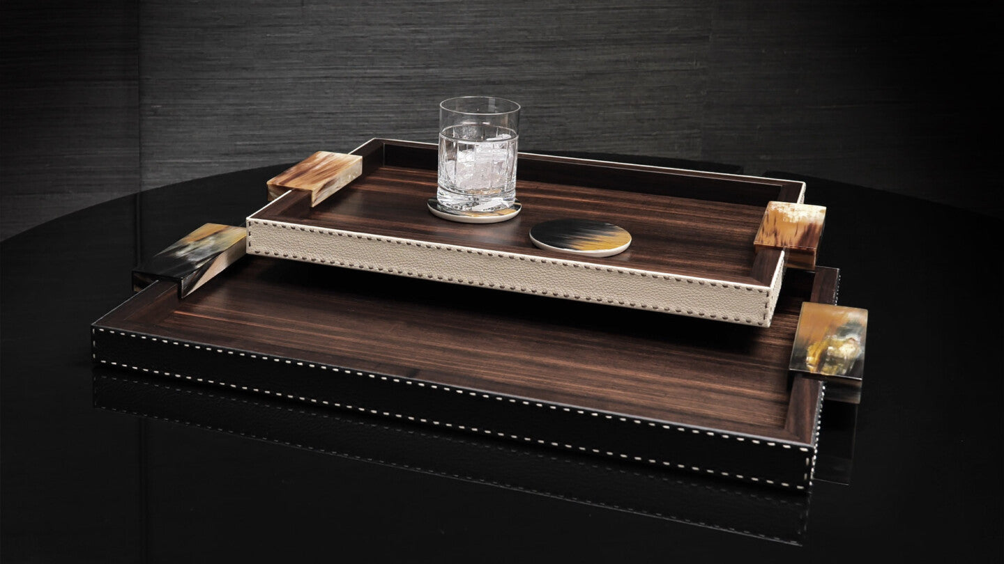 Arcahorn Gioele Tray | Matte Amara Ebony Veneer | Aida Pebbled Leather in Onyx with Handmade Ivory Stitching | Glossy Horn Handles | Perfect for Yacht or Office Decor | Discover Luxury Home Accessories at 2Jour Concierge, #1 luxury high-end gift & lifestyle shop