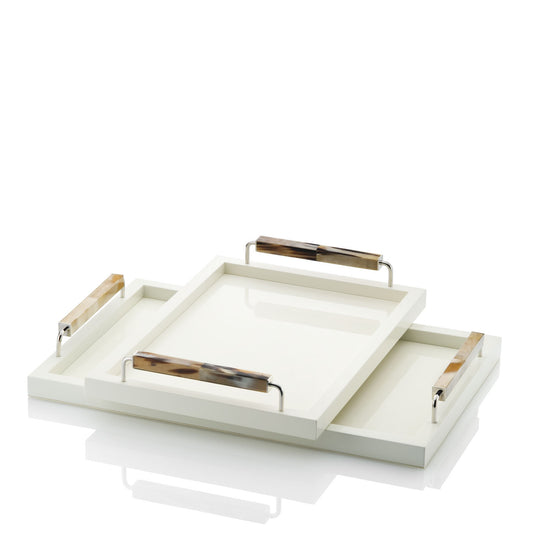 Isacco Tray by Arcahorn | Tray in wood with lacquered ivory gloss finish | Handles crafted from horn and chromed brass | Home Decor and Serveware | 2Jour Concierge, your luxury lifestyle shop