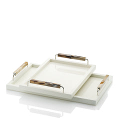 Isacco Wood Tray with Lacquered Ivory Gloss Finish, Handles in Horn