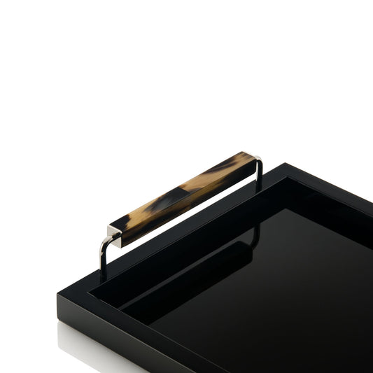 Isacco Tray by Arcahorn | Tray in wood with lacquered black gloss finish | Handles in dark horn and chromed brass | Home Decor and Serveware | 2Jour Concierge, your luxury lifestyle shop