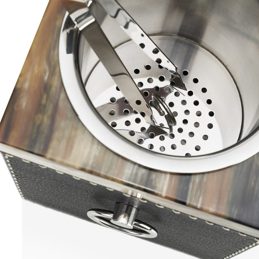 Arcahorn Nives Ice Bucket | Glossy Horn and Aida Pebbled Leather in Onyx with Handmade Ivory Stitching | Removable Stainless Steel Liner, Ice Tongs, and Handles | Designed by Filippo Dini | Perfect for Yachts and Offices | Discover Luxury Home Accessories at 2Jour Concierge, #1 luxury high-end gift & lifestyle shop