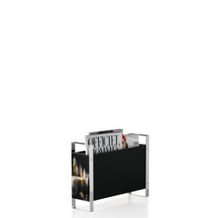 Dante Lacquered Black Wood Magazine Rack: Dark Horn Inlays, Black Saffiano Leather, Stainless Steel Handles with Exposed Screws