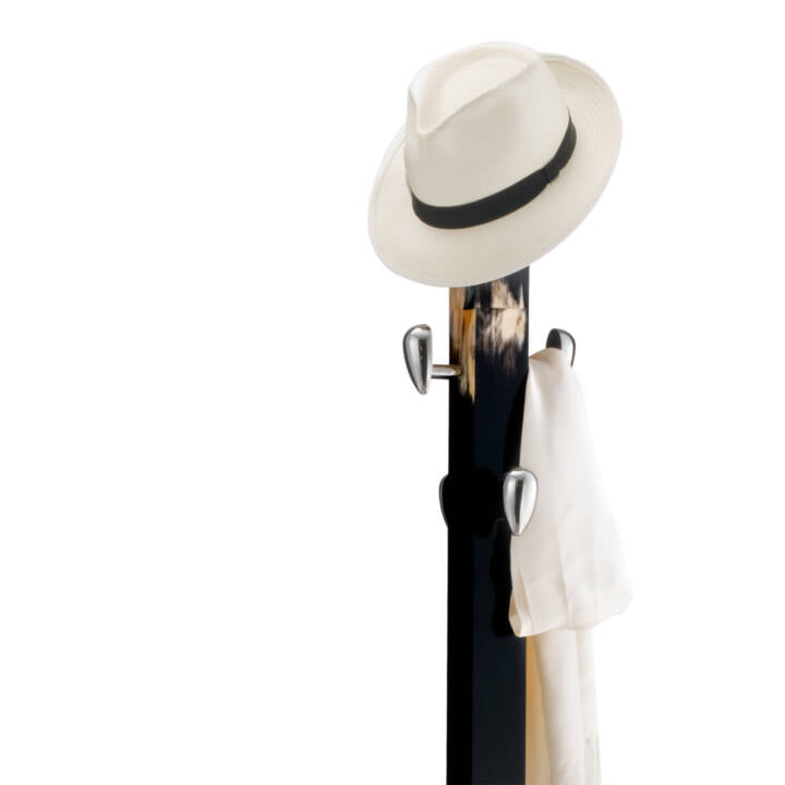 Giglio Coat Stand by Arcahorn | Coat stand with structure in wood featuring a lacquered black gloss finish with dark horn inlays. Base and hooks crafted in chromed brass. | Home Decor and Furniture | 2Jour Concierge, your luxury lifestyle shop