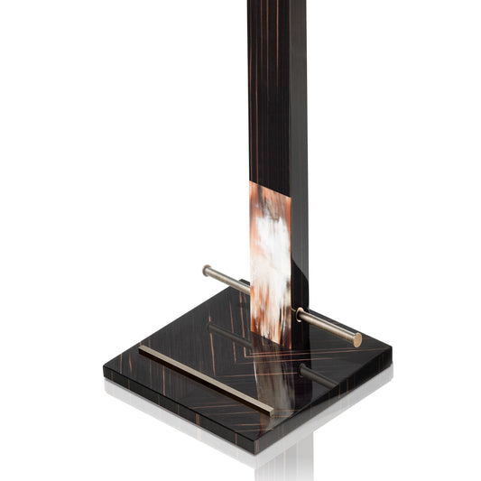 Arcahorn Levanzo Wardrobe Clothes Valet | Glossy Ebony Structure with Horn Inlays | Burnished Brass Shoe Rack and Trouser Bar | Catch-All Tray in Burnished Brass Lined with Black Saffiano Leather | Perfect for Yacht or Office Decor