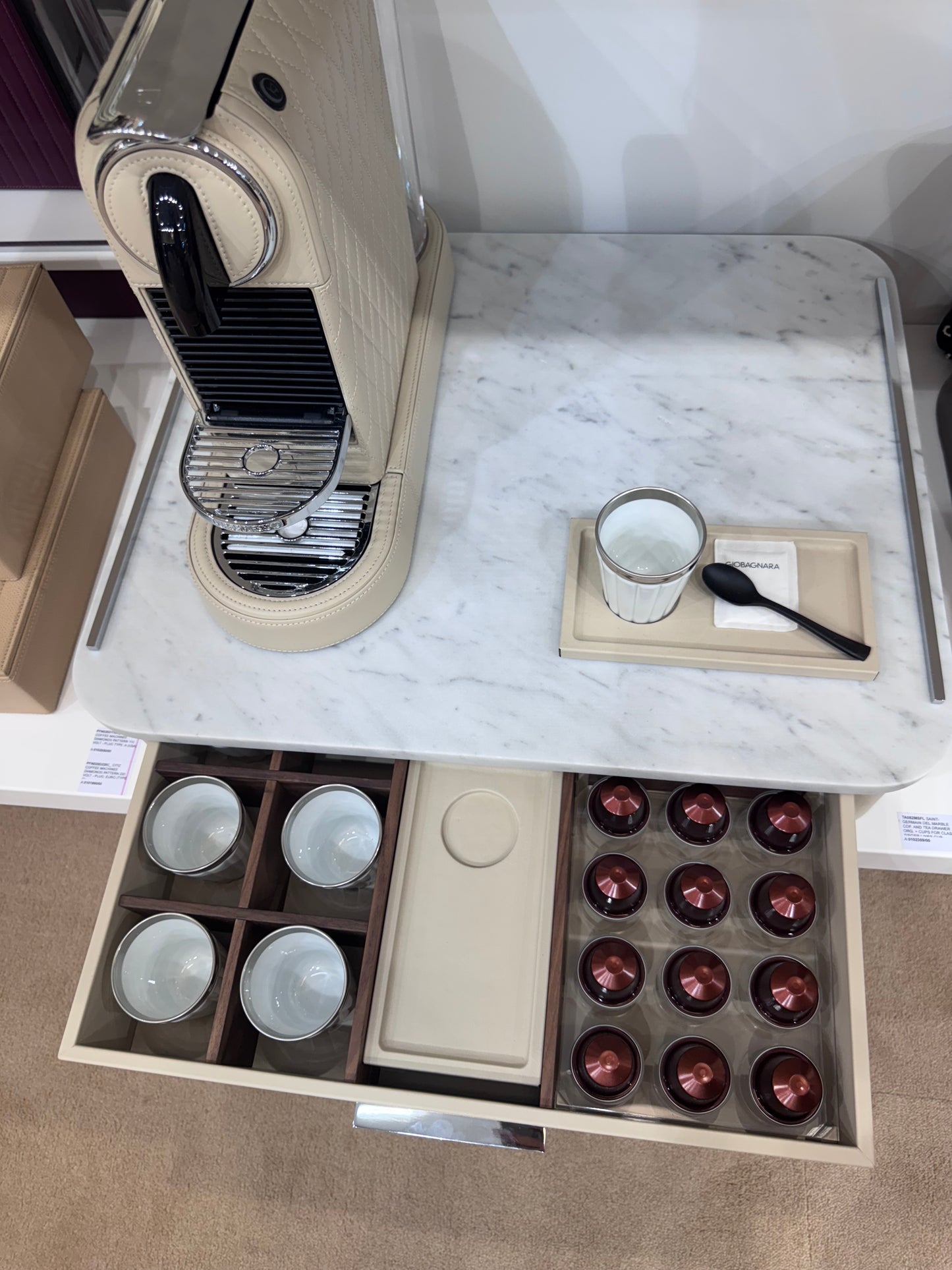 Saint-Germain Deluxe Leather-Covered Wood Coffee and Tea Drawer Organizer w Marble Top