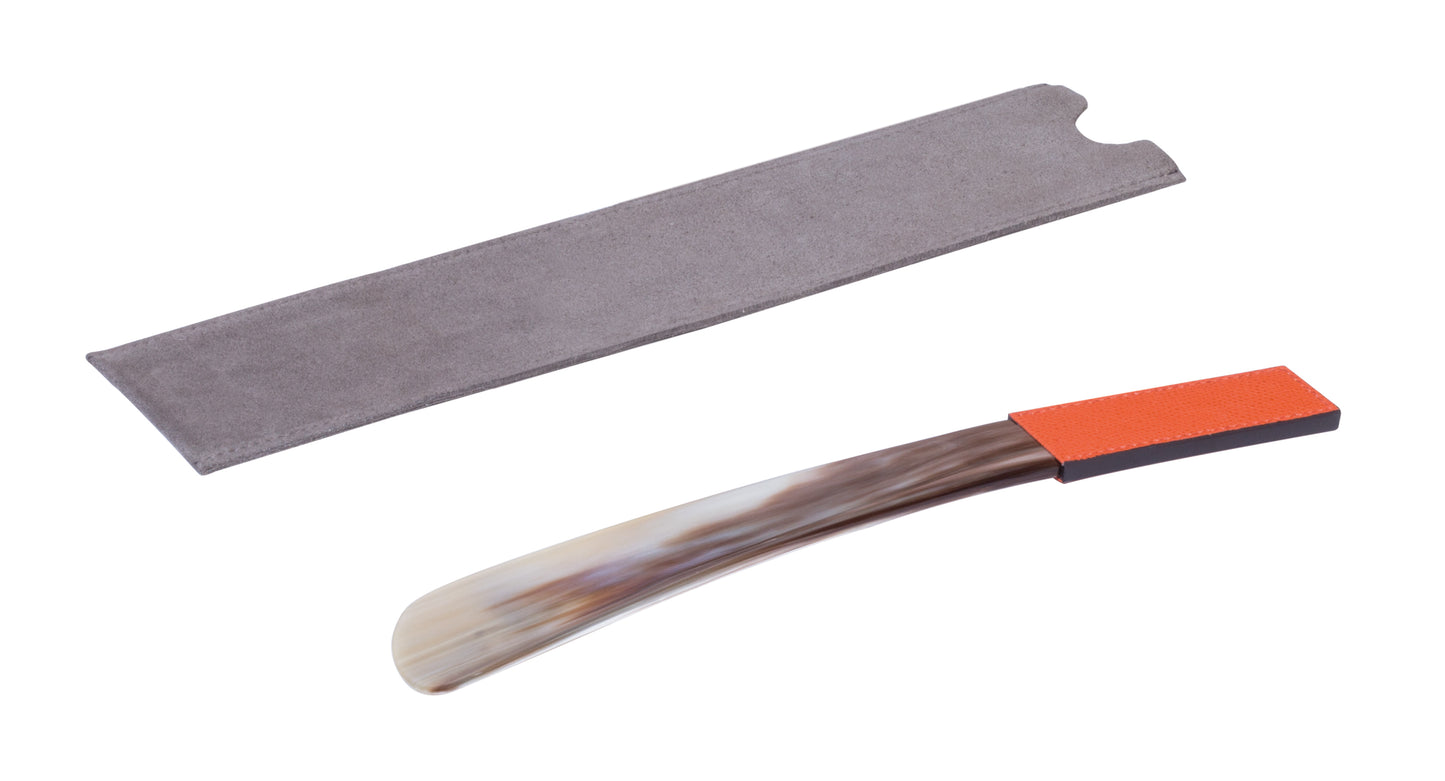 Giobagnara Corno shoehorn | Made from authentic buffalo horn with a luxurious leather handle | Each piece is unique due to natural variations in the horn | Comes with elegant suede packaging | A refined accessory for elevated daily use | Home accessories | 2Jour Concierge, your luxury lifestyle shop