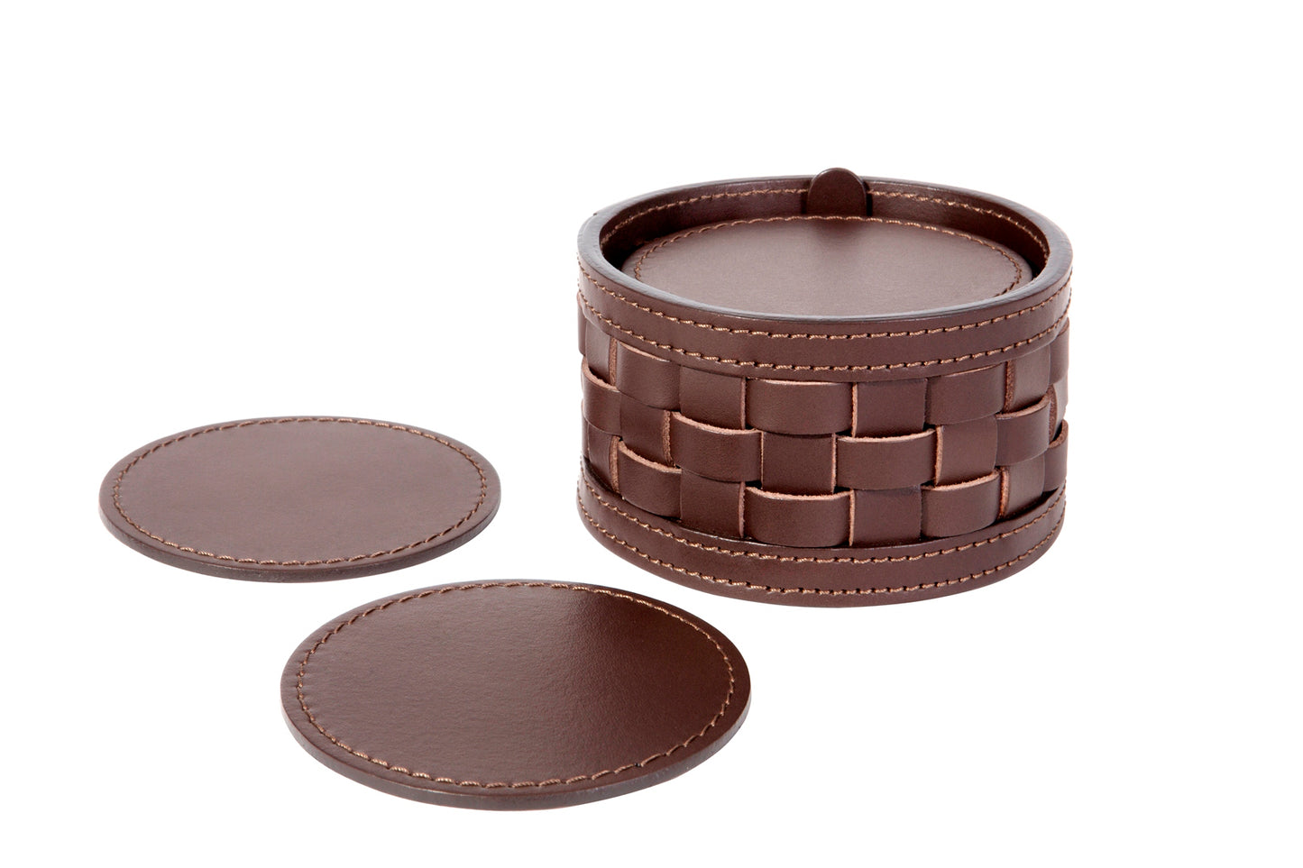 Riviere Barcellona Coaster Holder | Set of 10 Leather Coasters | Presented in a Woven Round Box | Ideal for Yacht Decor | Available at 2Jour Concierge, #1 luxury high-end gift & lifestyle shop