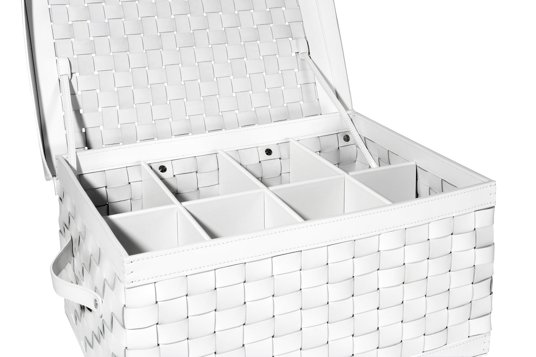Riviere Barcellona Shoe Trunk with Lid & Handles | Elegant woven leather trunk available in small or large format, with or without internal dividers (6 or 8 compartments) | Features a hinged lid and practical leather handles, crafted exclusively in Riviere’s outdoor finishes | Ideal for storing shoes, accessories, or personal essentials in refined spaces, yachts, and dressing rooms | Home accessories & leather goods | 2Jour Concierge, your luxury lifestyle shop.