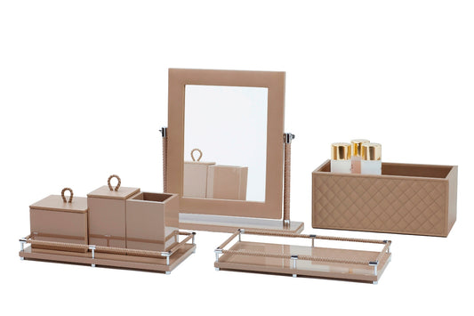 Riviere Thea Lacquered Wood Tray with Braided Leather Railing | Rectangular Vanity Tray | Lacquered Wood Base | Braided Leather Railing | Chrome or Gold Details | Perfect for Vanity Organization | Explore Luxury Home Accessories at 2Jour Concierge, #1 luxury high-end gift & lifestyle shop