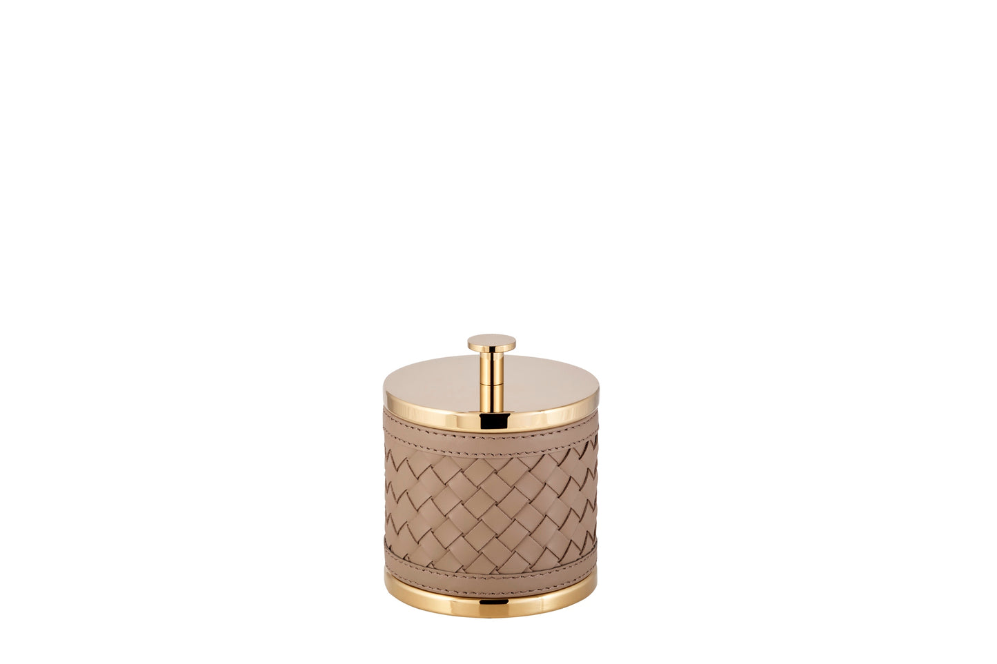 Riviere Alghero Handwoven Leather Box with Metal Finish | Covered with Handwoven Leather | Features Chrome or Gold Metal Finish | Perfect for Organizing and Elevating Your Bathroom Decor