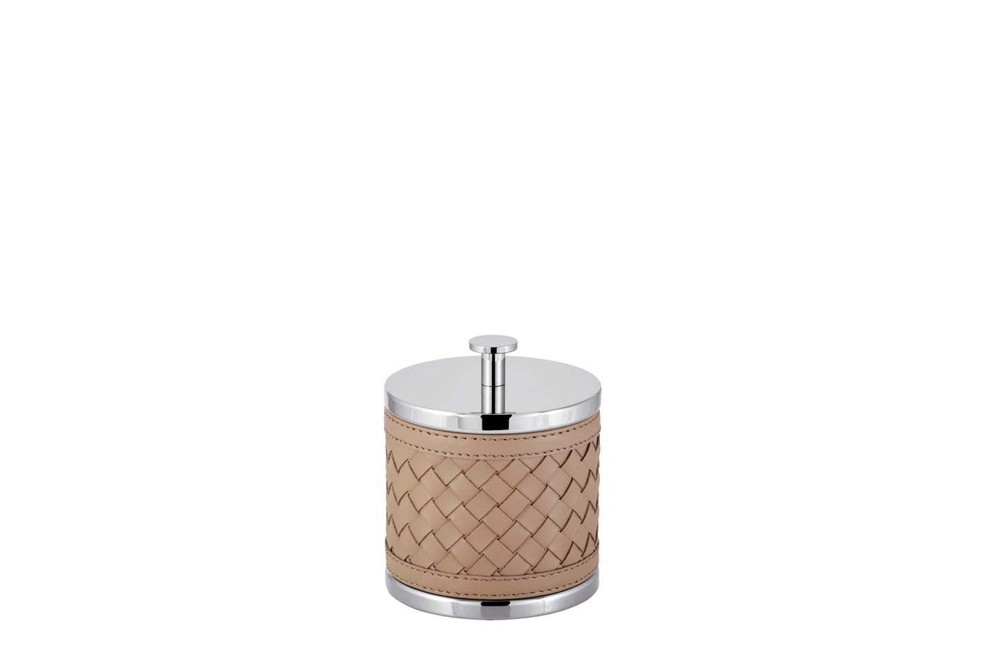 Riviere Alghero Handwoven Leather Box with Metal Finish | Covered with Handwoven Leather | Features Chrome or Gold Metal Finish | Perfect for Organizing and Elevating Your Bathroom Decor