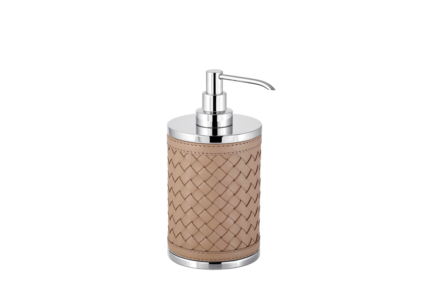 Riviere Alghero Handwoven Leather Soap Dispenser | Covered with Handwoven Leather | Features Chrome or Gold Metal Finish | Elevate Your Bathroom Decor with Luxury Accessories from 2Jour Concierge, #1 luxury high-end gift & lifestyle shop