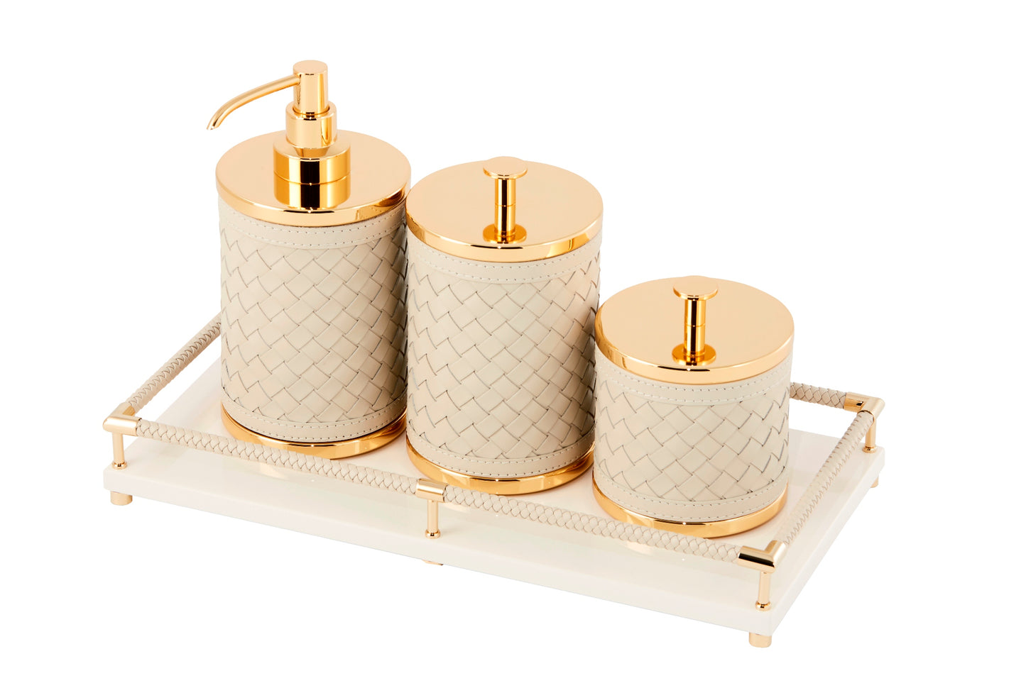 Riviere Thea Lacquered Wood Tray with Braided Leather Railing | Rectangular Vanity Tray | Lacquered Wood Base | Braided Leather Railing | Chrome or Gold Details | Perfect for Vanity Organization | Explore Luxury Home Accessories at 2Jour Concierge, #1 luxury high-end gift & lifestyle shop